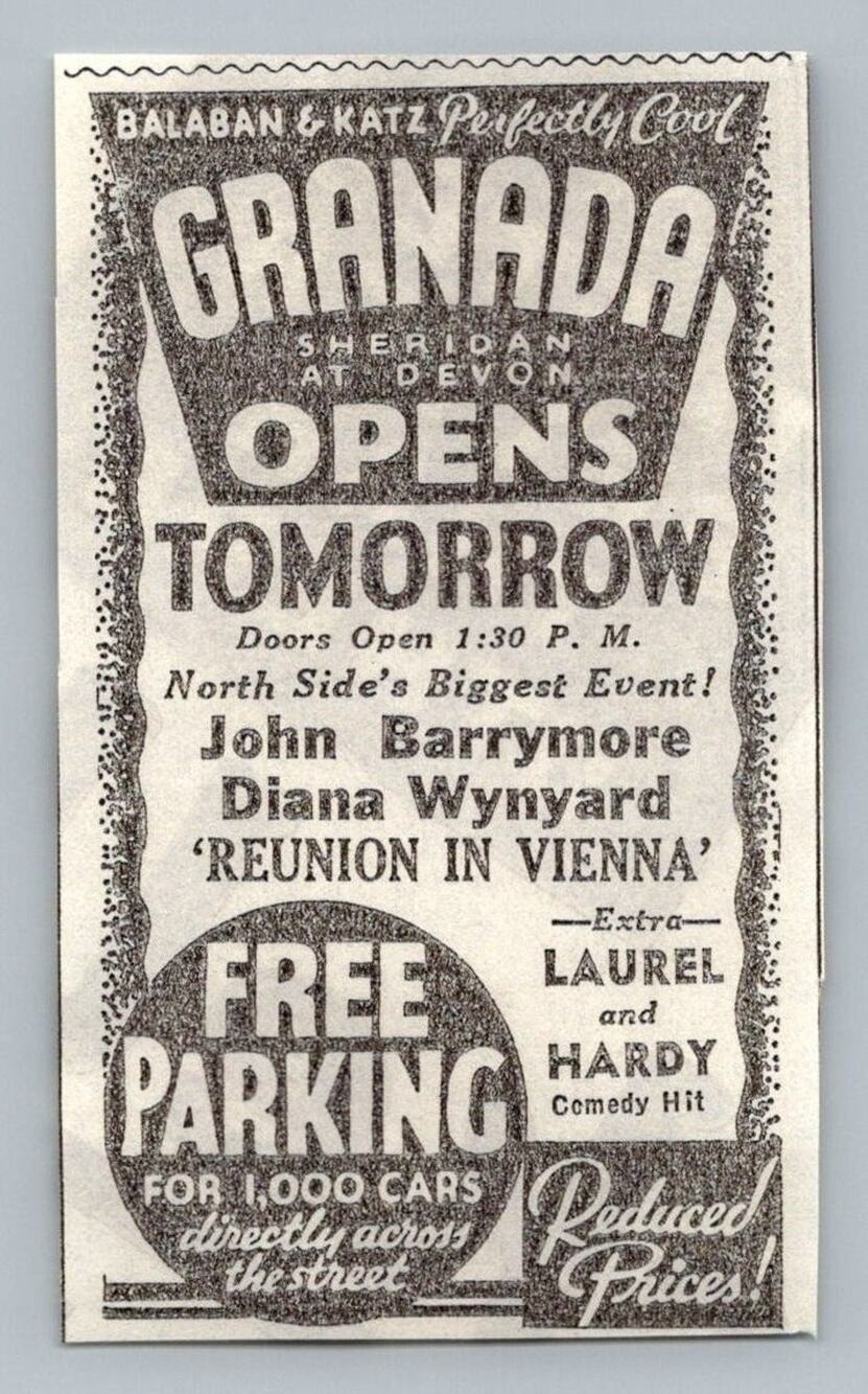 1933 Granada Theatre Chicago Grand Opening Ad John Barrymore Laurel & Hardy